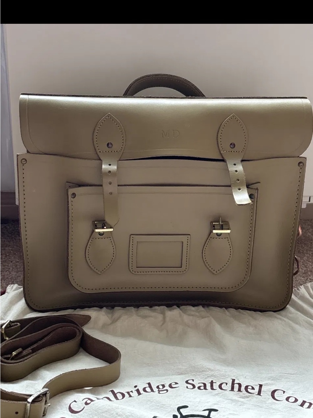 The Cambridge Satchel Company Cream Leather Satchel with Front Pocket